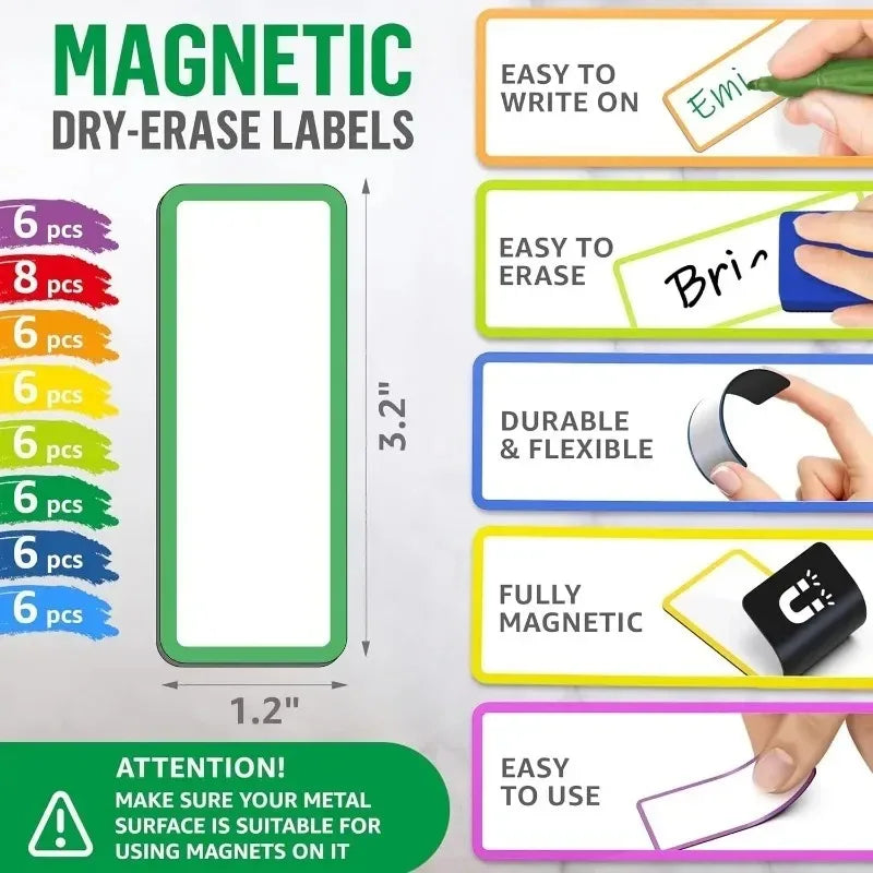 A set of magnetic dry-erase labels and stickers in various sizes and colors shown on a white background.