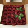 A box filled with deep red artificial foam roses for DIY floral decor.
