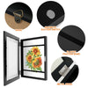 Various components of a kids art display frame including a magnetic suction switch, elastic fixation band, and metal hinge.