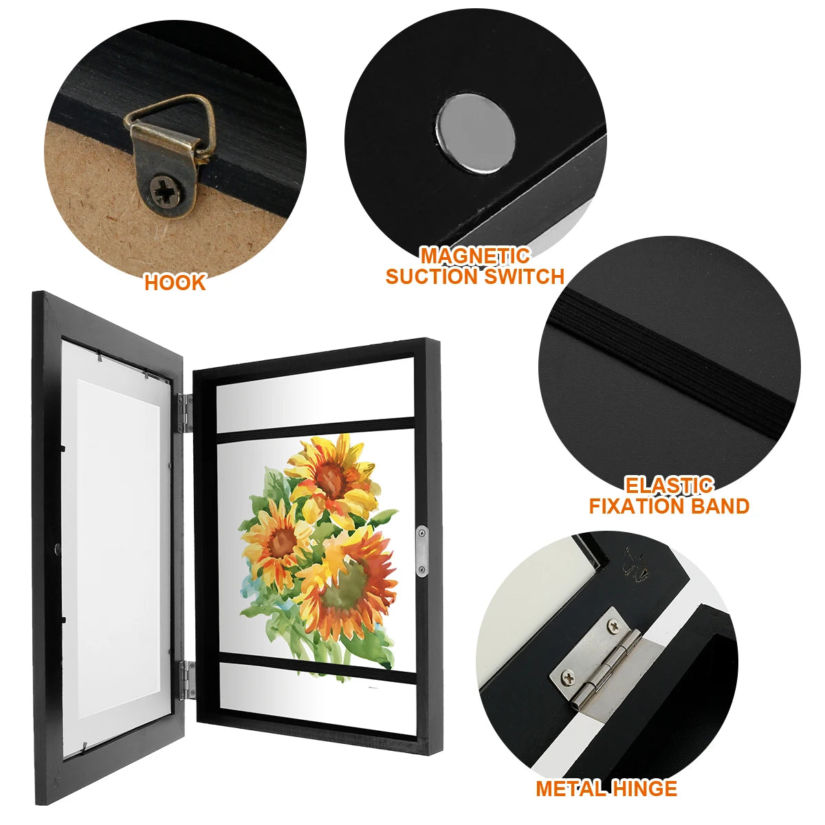 Various components of a kids art display frame including a magnetic suction switch, elastic fixation band, and metal hinge.