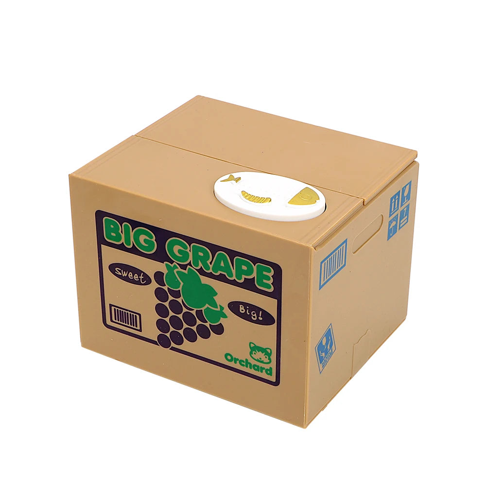 A cardboard box labeled BIG GRAPE for an interactive panda coin-saving money box.