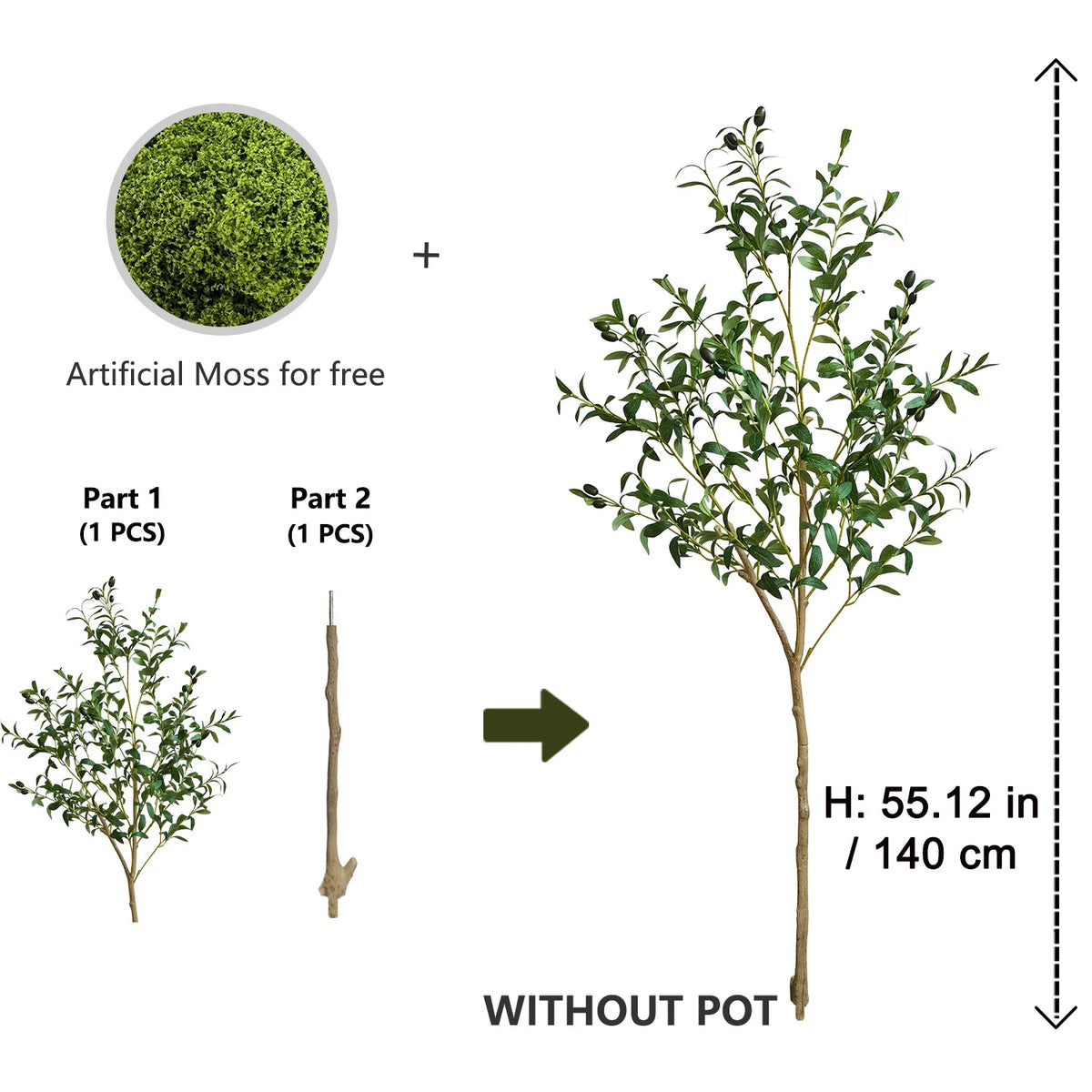 Artificial olive tree plant shown with a separate artificial moss component, without a pot.