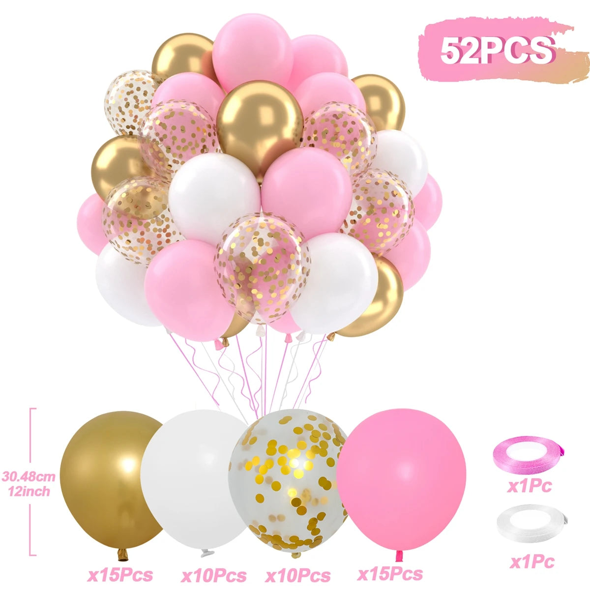 A balloon party decor kit featuring 52 balloons in pink and gold colors with confetti accents.