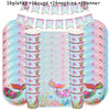 A set of pink and blue mermaid themed party tableware including plates, cups, napkins, and a banner.