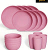 A set of 16 pink reusable plastic plates and bowls for picnics and everyday meals.