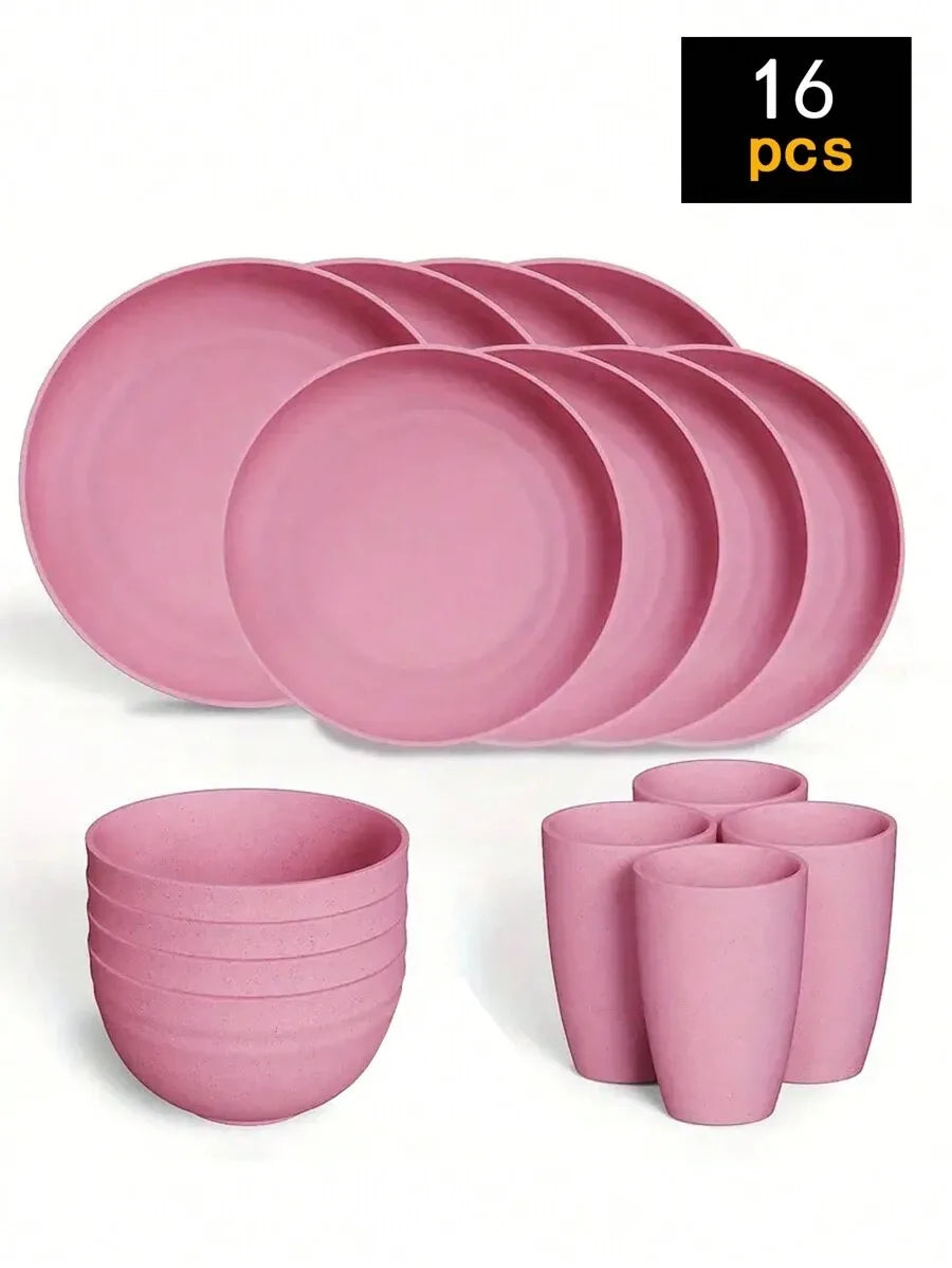 A set of 16 pink reusable plastic plates and bowls for picnics and everyday meals.