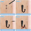 Four steps showing how to install rustproof zinc alloy wall hooks with screws into a wooden surface.