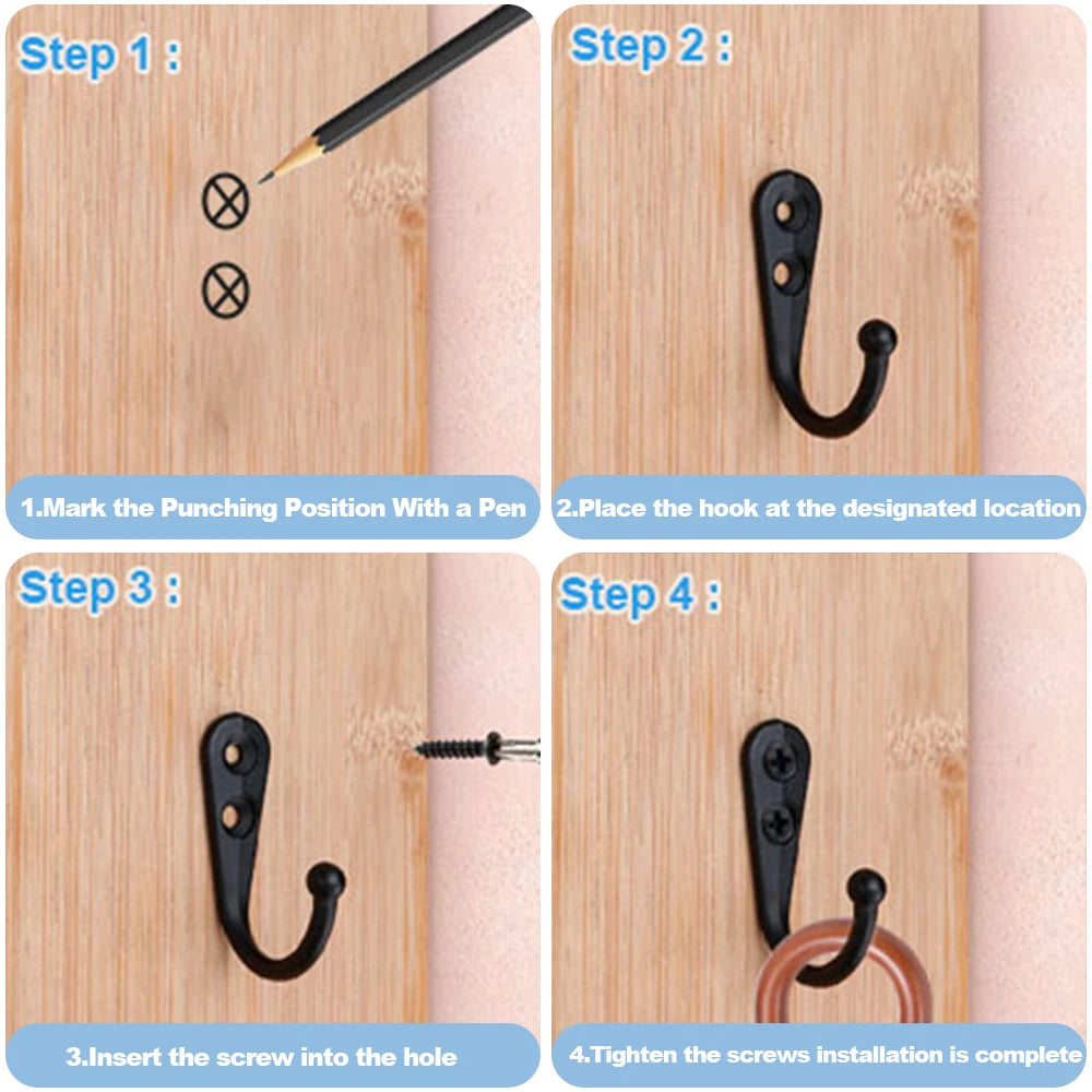 Four steps showing how to install rustproof zinc alloy wall hooks with screws into a wooden surface.
