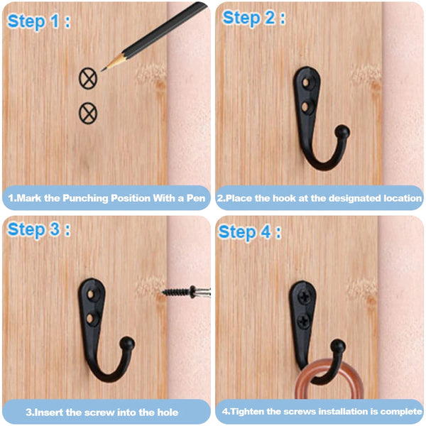 Four steps showing how to install rustproof zinc alloy wall hooks with screws into a wooden surface.