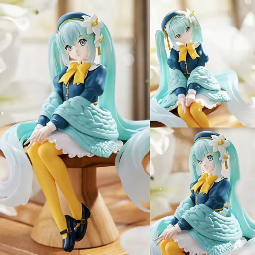 A PVC collectible figurine of Hatsune Miku in a blue outfit with yellow accents, seated on a wooden stand.