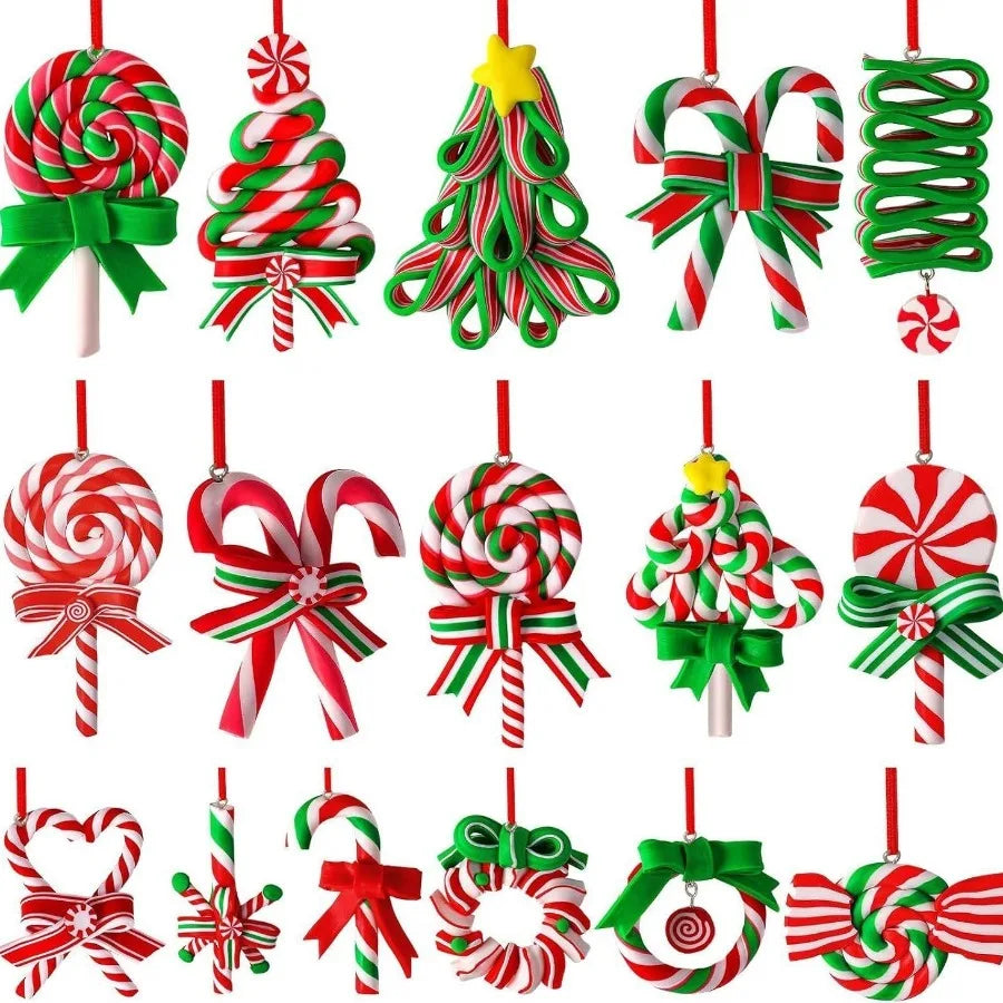 A collection of 16 wooden candy cane Christmas ornaments in various festive colors and designs.