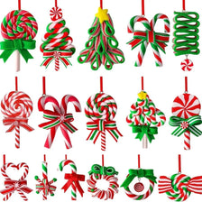 A collection of sixteen mini wooden candy cane Christmas ornaments in various colors and designs.