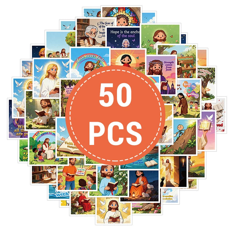 A collection of 50 inspirational Jesus decals and stickers featuring various scenes and figures for Christian faith journalin