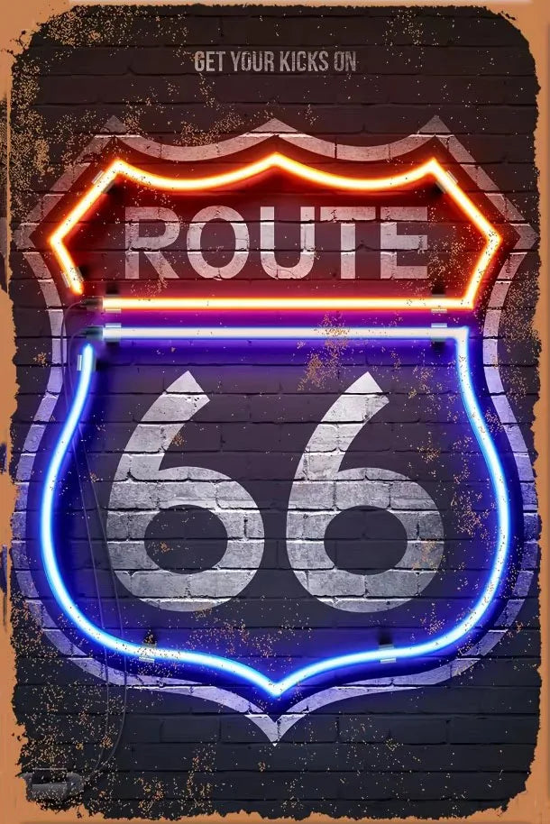 A rustic metal wall sign featuring the number 66 outlined in neon lights on a dark brick background.
