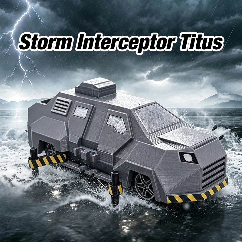 A gray Storm Interceptor Titus armored vehicle model replica in turbulent water under a stormy sky.