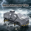 A gray Storm Interceptor Titus armored vehicle model replica in turbulent water under a stormy sky.