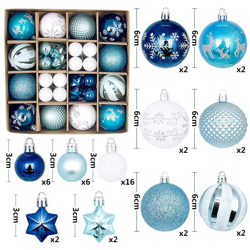 A collection of festive Christmas ball ornaments in various colors and finishes, including glass, glitter, and silver.