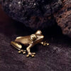 A vintage brass frog statue desktop ornament resting on a dark, textured surface.