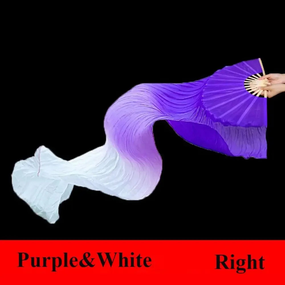 Purple and white silk ribbon dance fan shown from the right side.