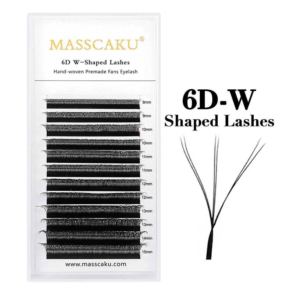 Packaging for MASSCAKU 6D W-Shaped Lashes featuring various lengths from 8mm to 15mm
