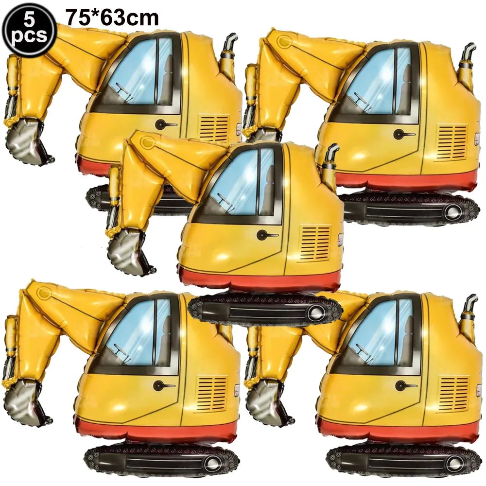 Five yellow construction truck foil balloons for birthday party decor