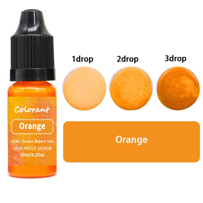 A bottle of orange liquid colorant with three dropper sizes showing different concentrations.