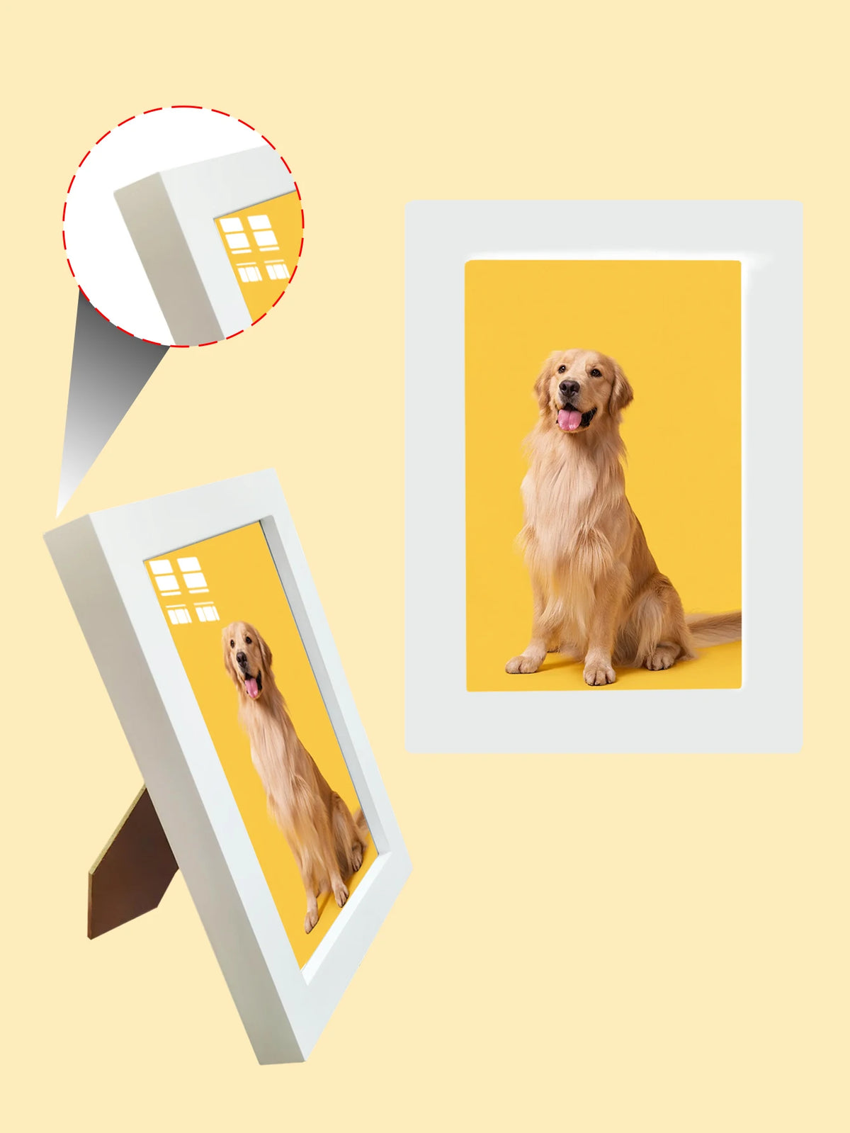 A custom photo frame displaying a golden retriever dog, shown in both a framed picture and a cutout mock-up.