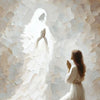 Impressionist painting of Jesus with a halo standing in bright light, with a figure kneeling in reverence.