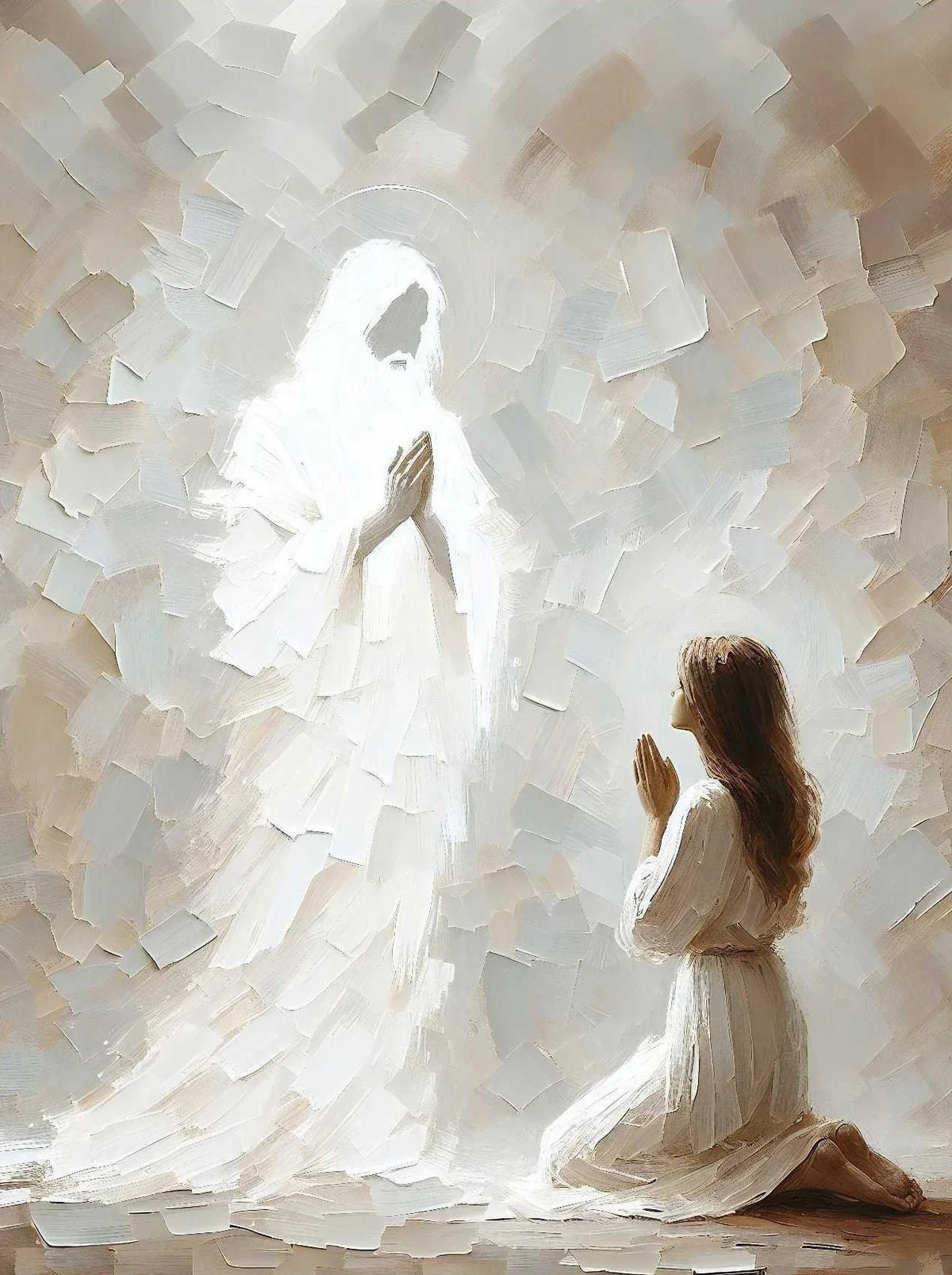 Impressionist painting of Jesus with a halo standing in bright light, with a figure kneeling in reverence.