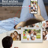 A hand holds a smartphone displaying a photo frame interface, with various family photos visible in the background.