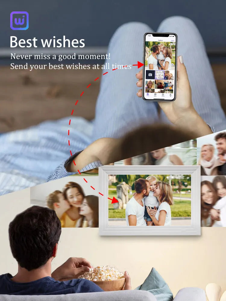 A hand holds a smartphone displaying a photo frame interface, with various family photos visible in the background.