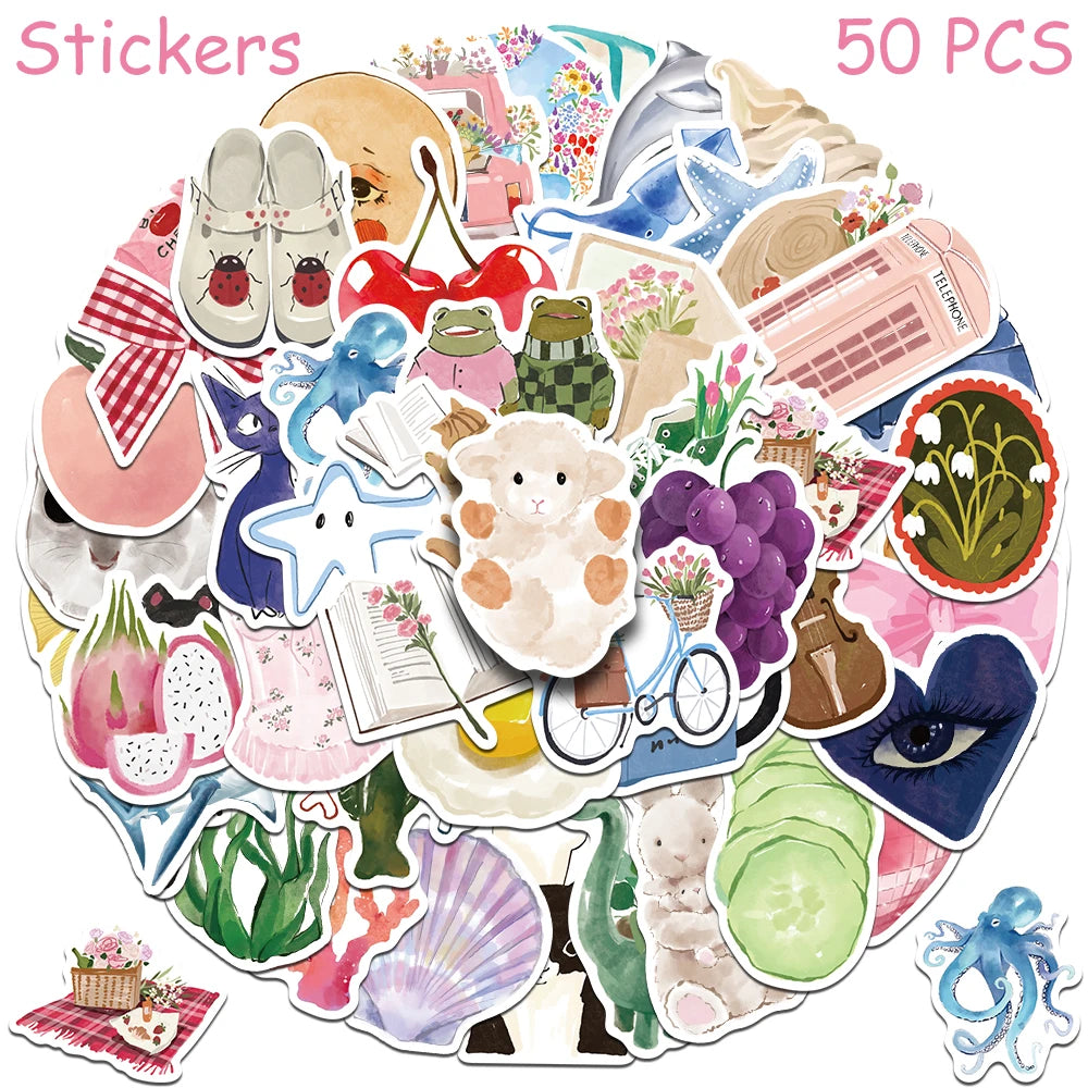 A collection of 50 watercolor dairy stickers featuring various animals, fruits, and decorative elements for crafting projects
