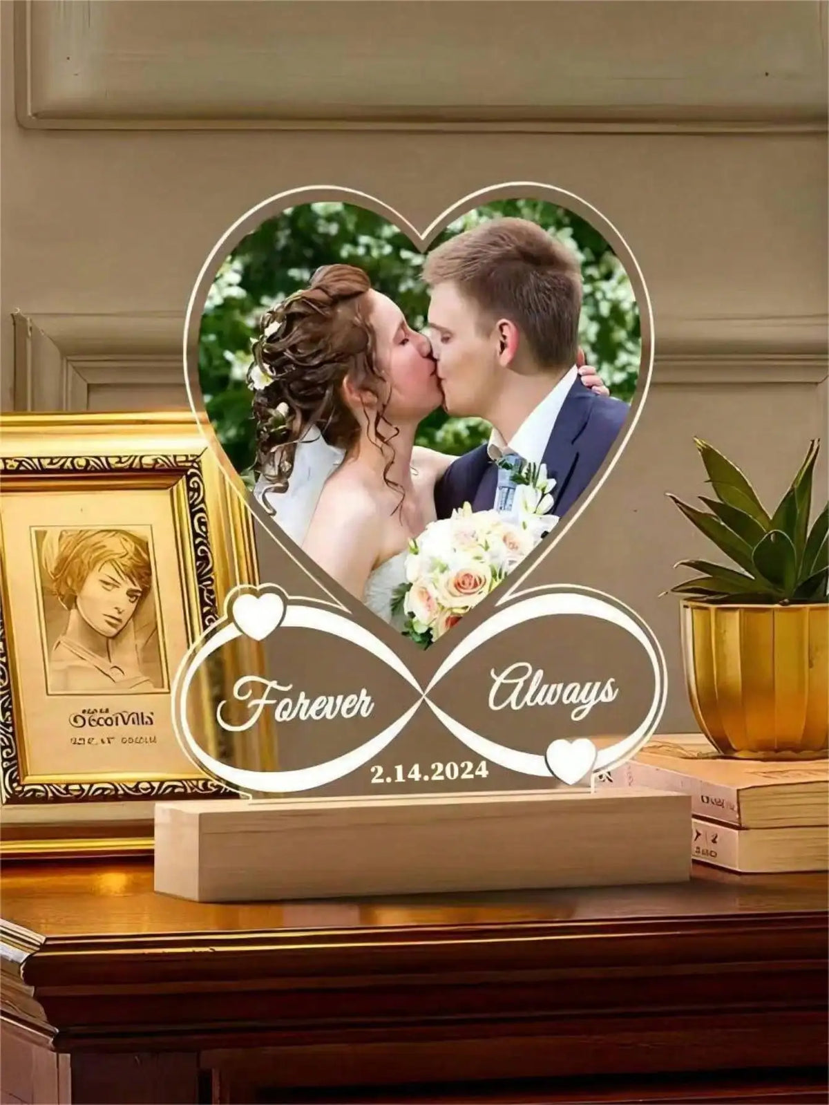 A custom acrylic heart photo frame featuring a couple kissing, framed with Forever and Always text and a date.