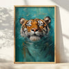 A painting of a tiger's face submerged in teal water, featuring detailed fur and stripes.