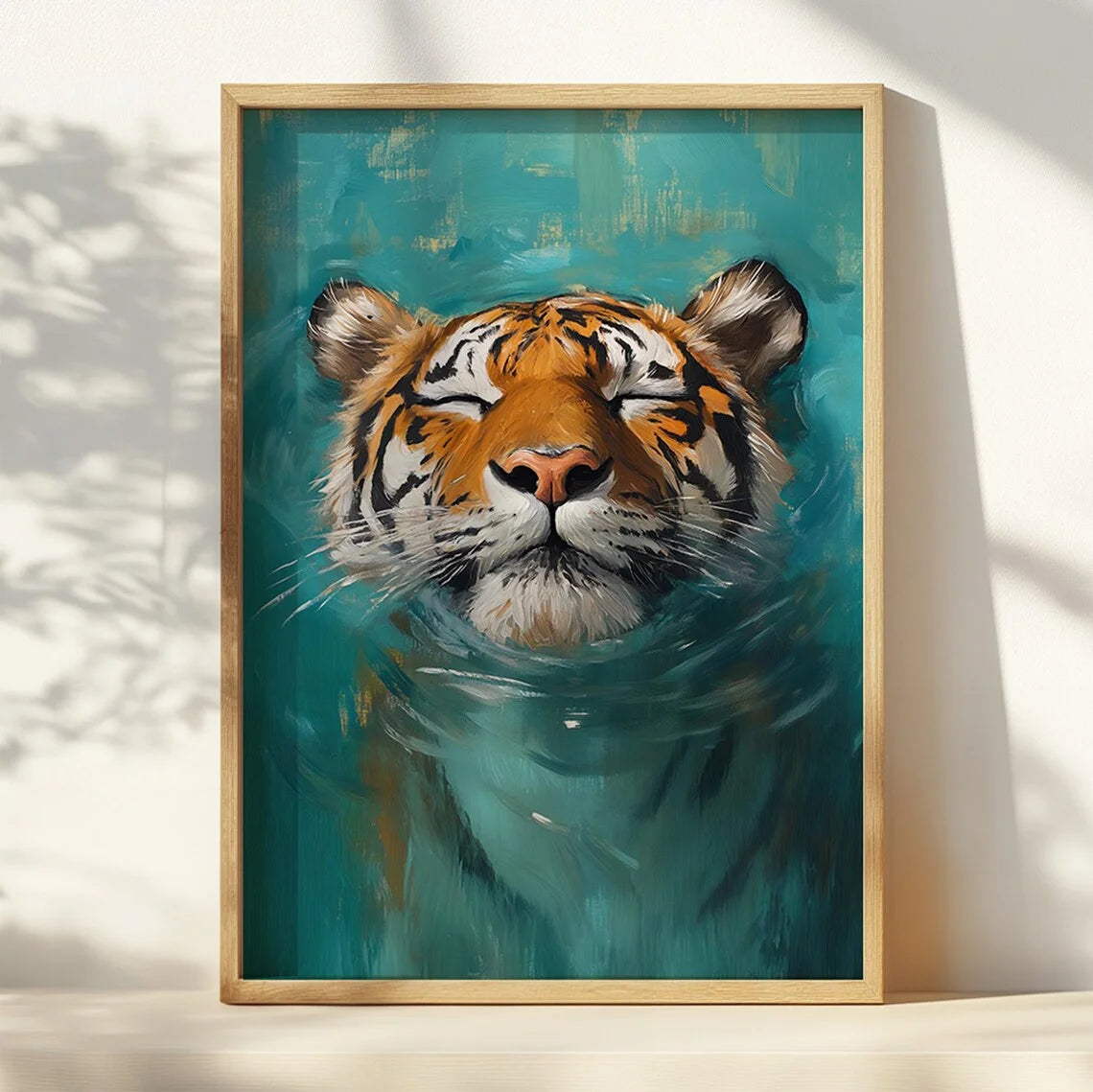 A painting of a tiger's face submerged in teal water, featuring detailed fur and stripes.