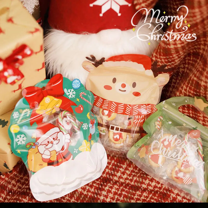 A collection of reusable Christmas gift bags filled with treats and party favors, including a festive Santa bag.