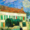 A painting depicting a house with a terracotta roof and green shutters under a bright blue sky.