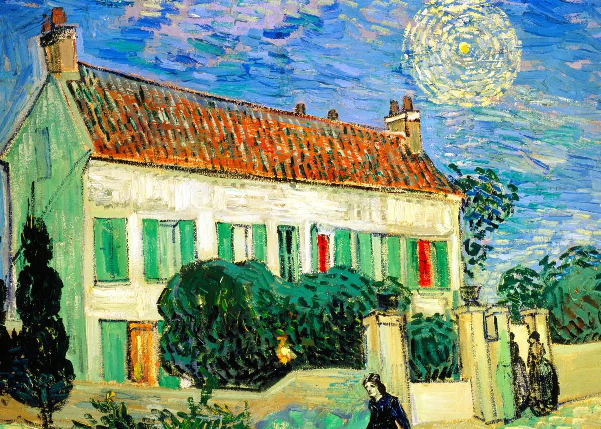 A painting depicting a house with a terracotta roof and green shutters under a bright blue sky.
