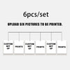 Six blank white photo prints are displayed with labels indicating custom sets of prints.