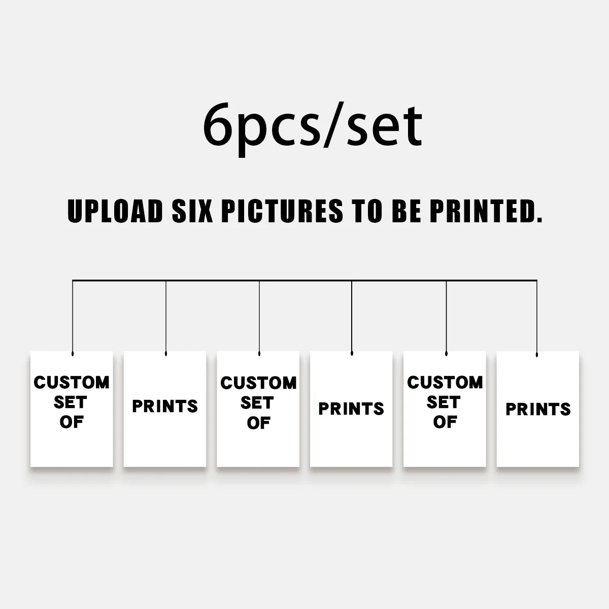 Six blank white photo prints are displayed with labels indicating custom sets of prints.