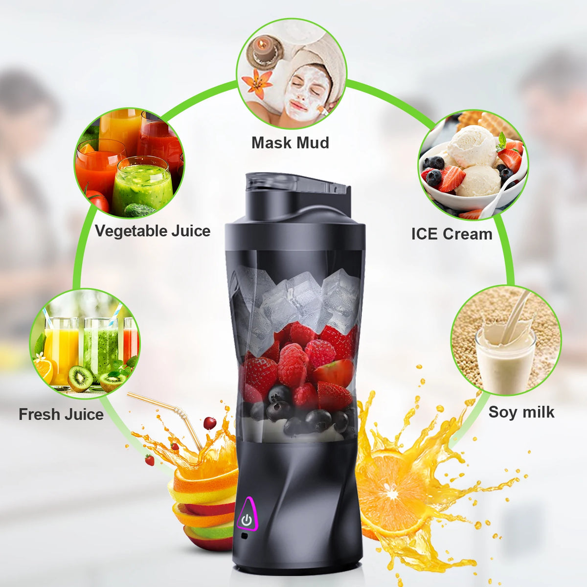 A black portable blender is shown with surrounding ingredients like mask mud, juice, and ice cream.