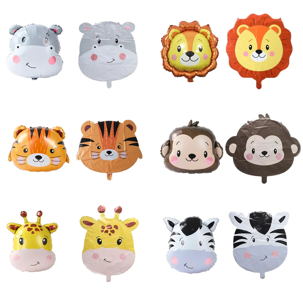 A collection of foil balloons featuring cartoon animals like a monkey, tiger, and various jungle safari creatures.