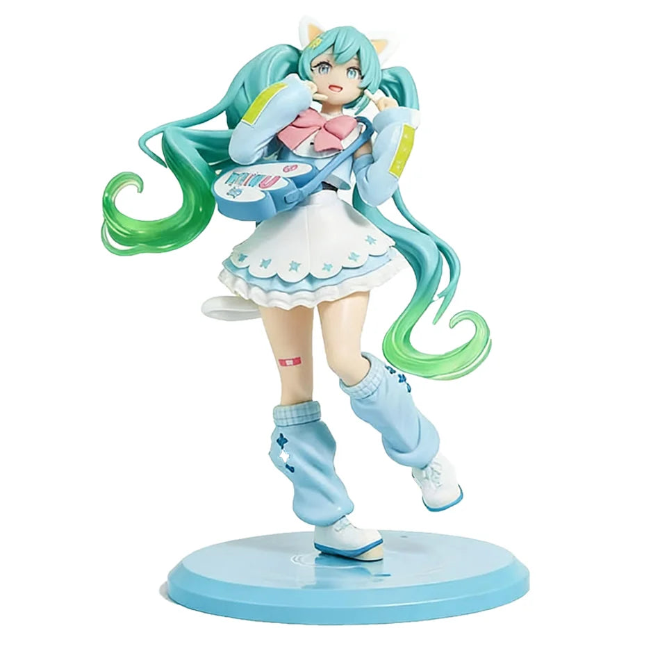 A PVC collectible figurine of Hatsune Miku in a light blue outfit with green hair and a white base.