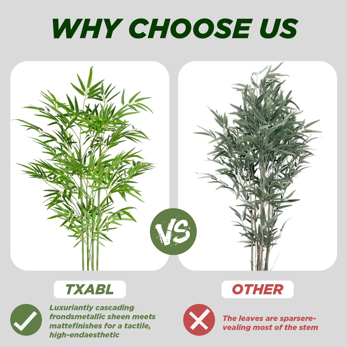 Comparison of an artificial bamboo tree versus another plant, highlighting features like cascading leaves and stem density.