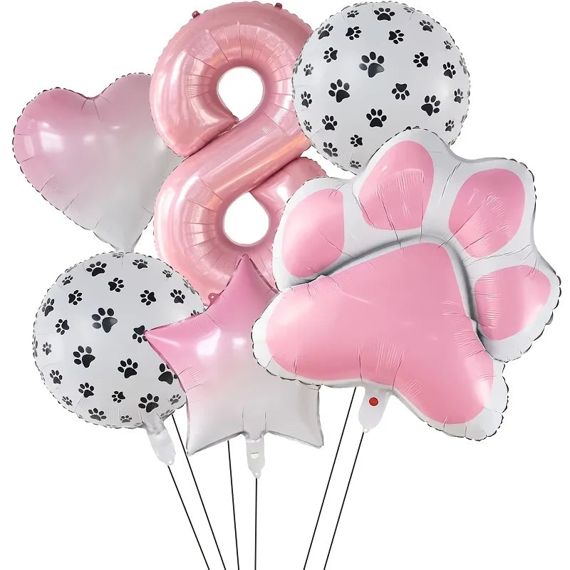 A set of six foil balloons featuring paw prints and the number eight in pink and white.