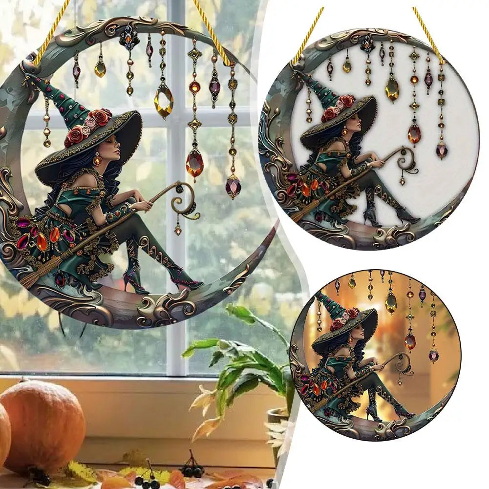 Two circular stained glass window decorations featuring a witch figure in a hat and cloak.