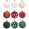 A set of six velvet Christmas tree hanging ornaments in white, red, and green finishes.