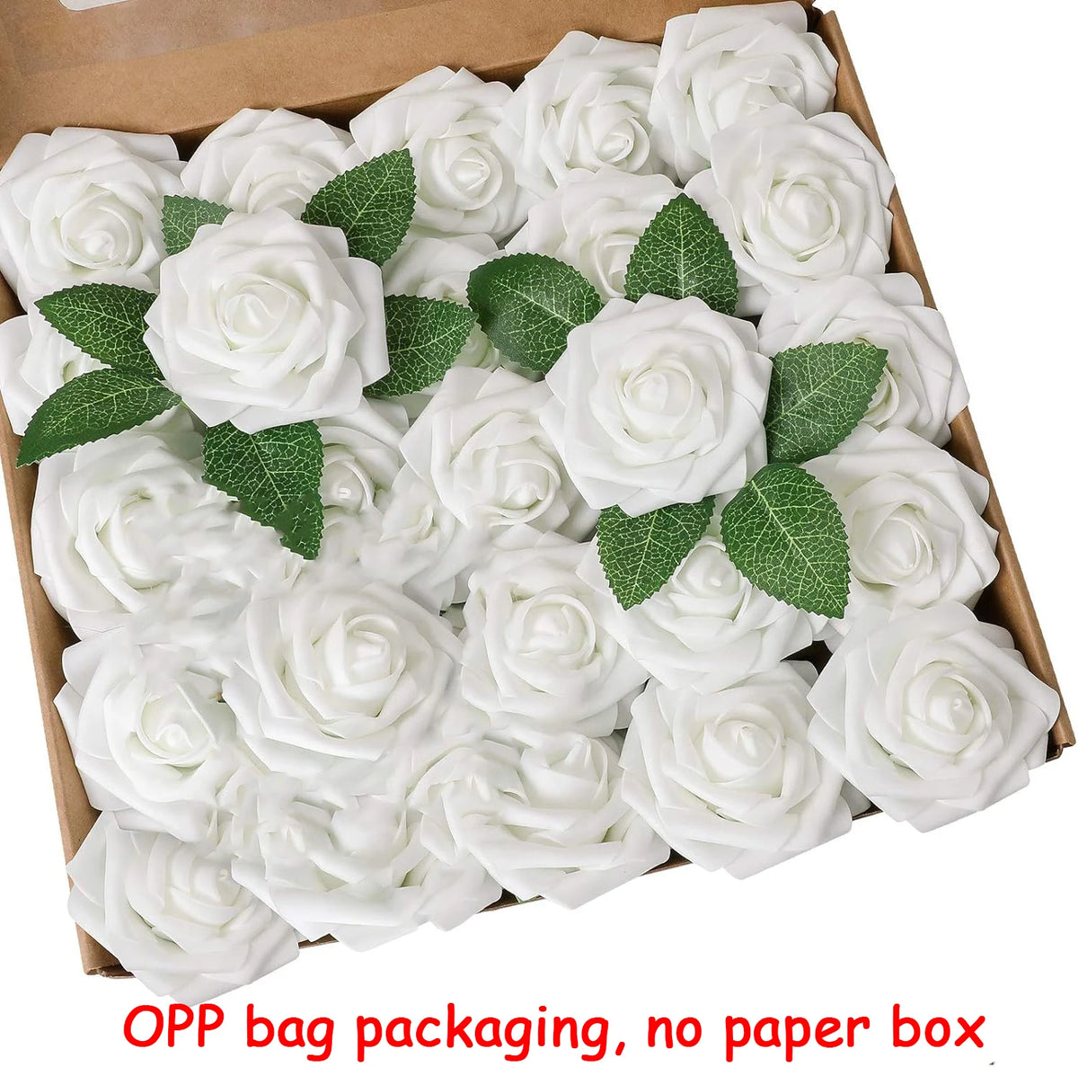 A box filled with white artificial rose flowers packaged in OPP bags