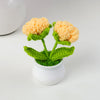 Hand woven crochet orange flowers growing in a green pot