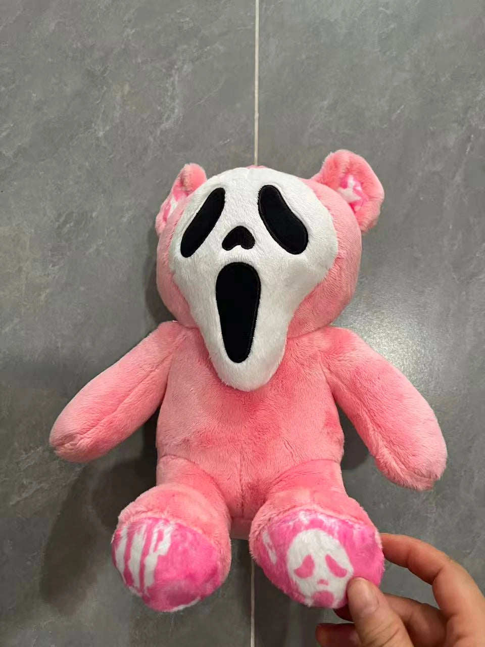 Ghost Face Bear Plush Toy – Black & Pink Two-Tone Halloween Bear